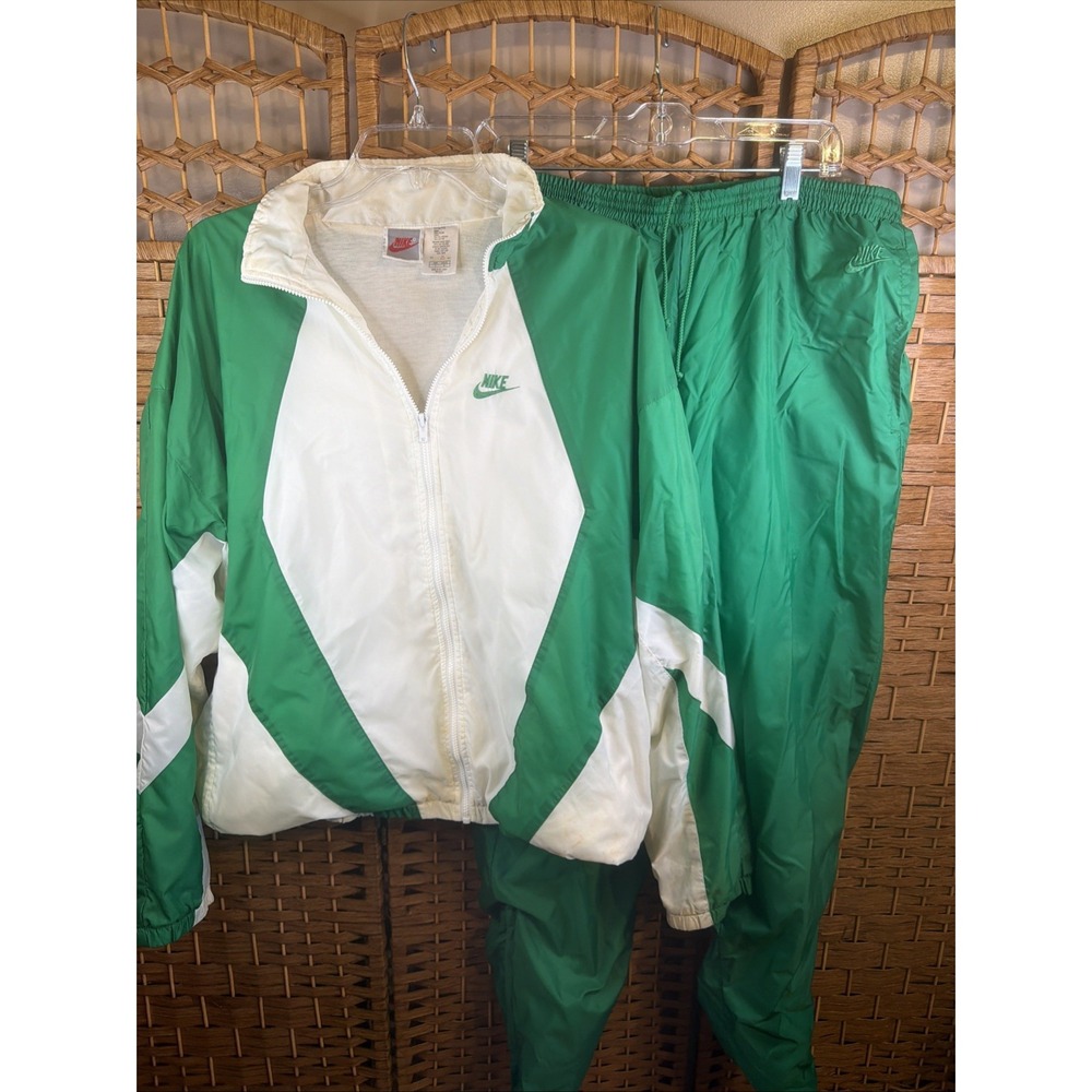 VTG Nike Track Suit SZ Lg White Green Colorblock Windbreaker 90s Jacket Pants